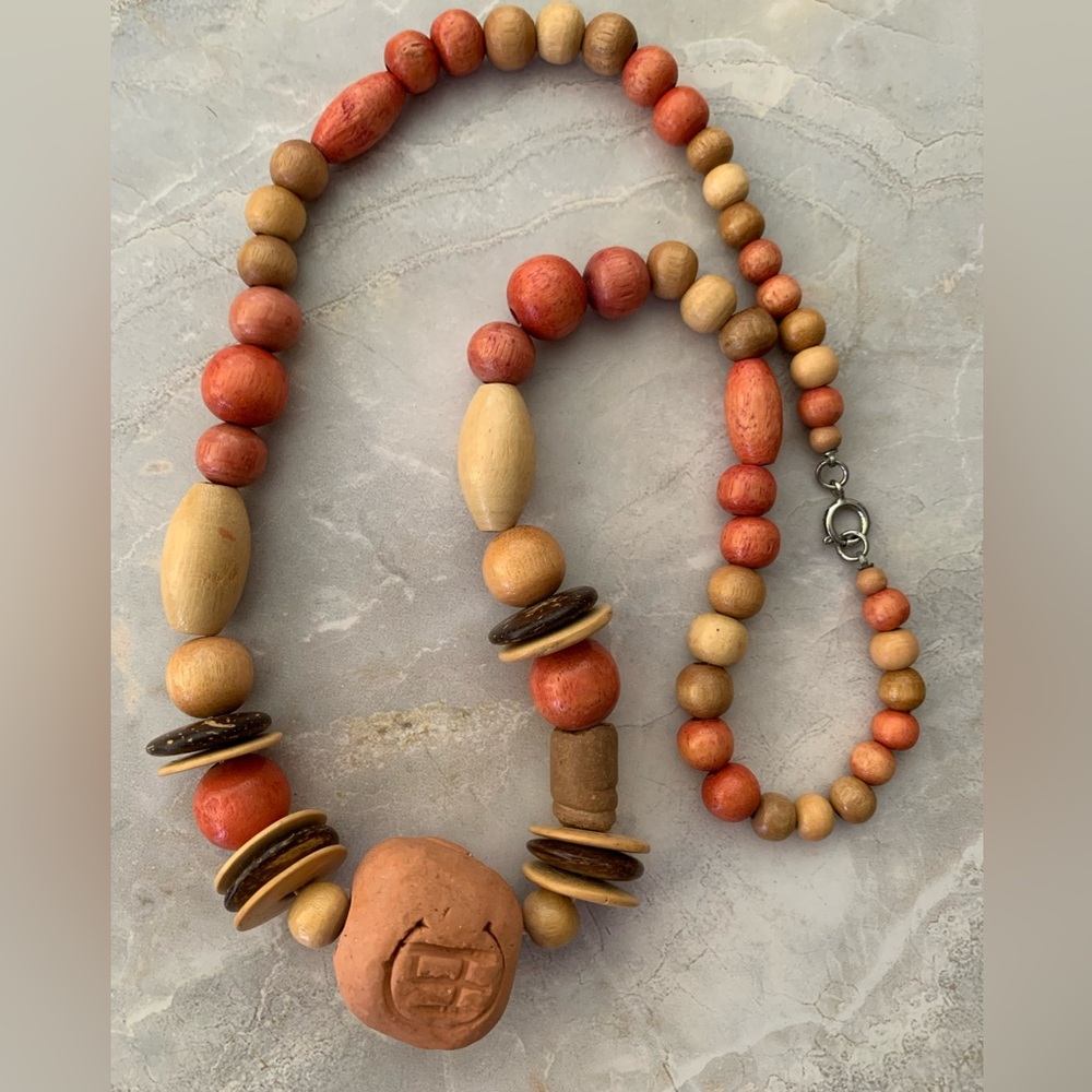Vintage Terracotta and Wood Beaded Necklace